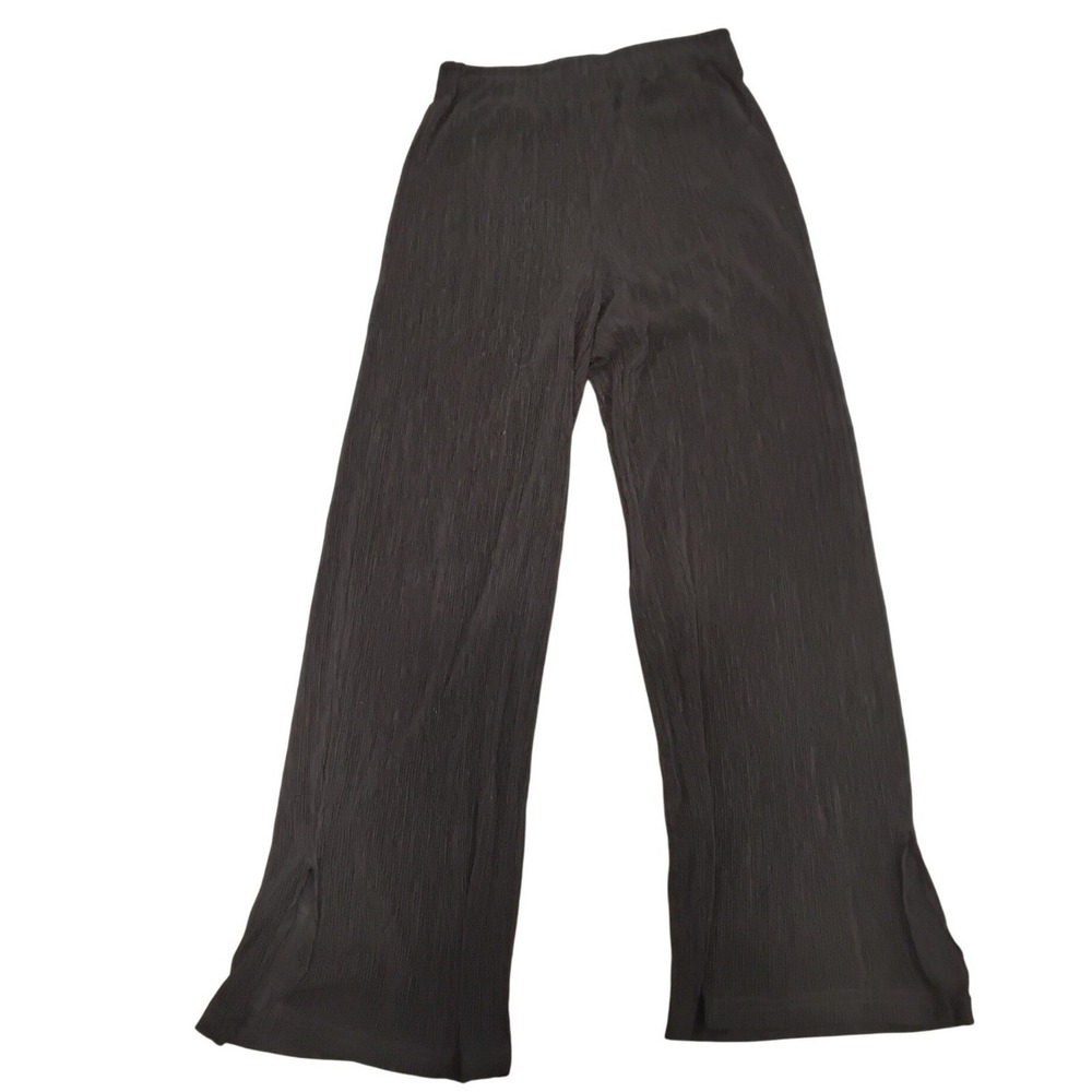 Zara‎ Wide Leg Pants Womens L Black Slit Hem Elastic Waist Trousers